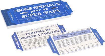 LEGAMI - Block of 24 French Dads Vouchers with Family Activities, Punched Cut to Tear Off, Gift Idea, Dads Theme, 8" x 3.3"