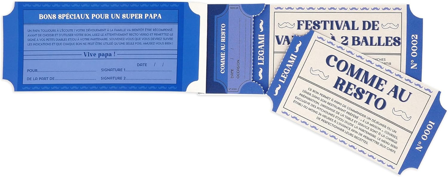 LEGAMI - Block of 24 French Dads Vouchers with Family Activities, Punched Cut to Tear Off, Gift Idea, Dads Theme, 8" x 3.3"