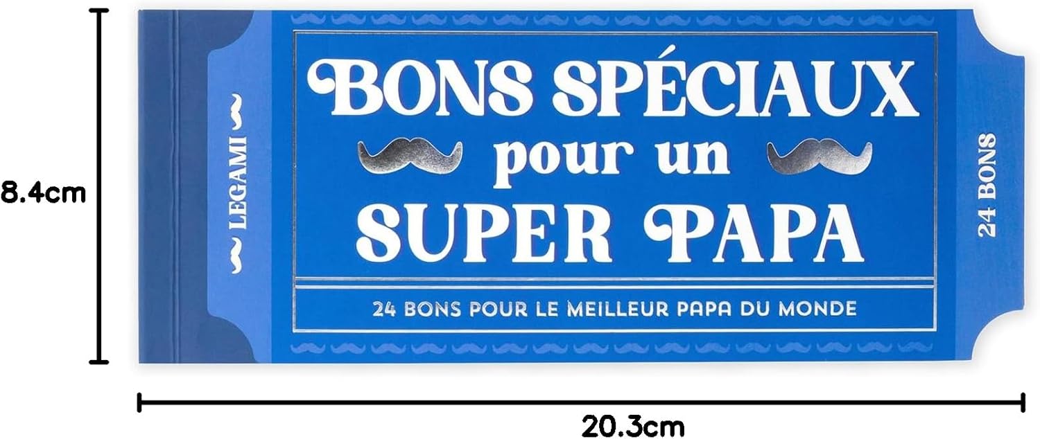 LEGAMI - Block of 24 French Dads Vouchers with Family Activities, Punched Cut to Tear Off, Gift Idea, Dads Theme, 8" x 3.3"