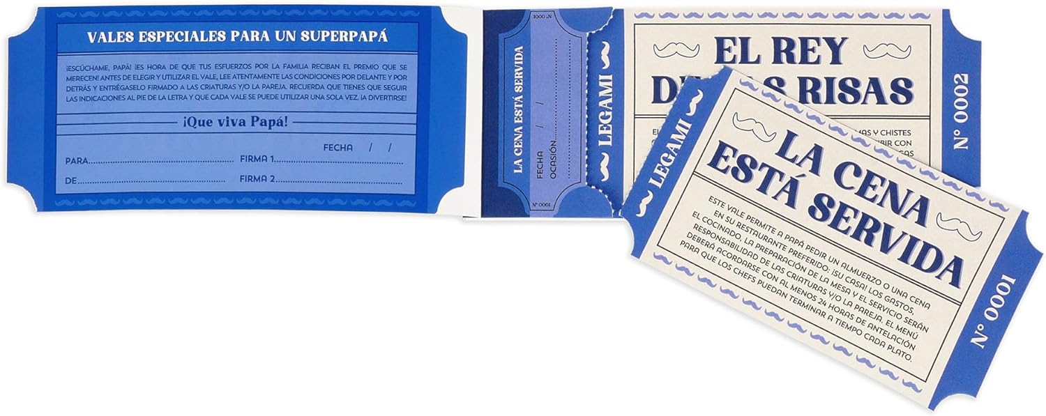 Legami - Block of 24 Vouchers for Dad in Spanish with Activities to Do with Family Coupons with Tear Punch, Gift Idea, Dad Theme, 8" x 3.3"