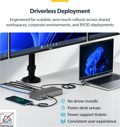 StarTech.com USB-C Docking Station Triple 4K 60Hz Displays, 100W Power Delivery, 6 USB Ports (10Gbps), Gigabit Ethernet, DisplayPort + HDMI, Driverless Windows Laptop Dock (199UE-USBC-DOCK