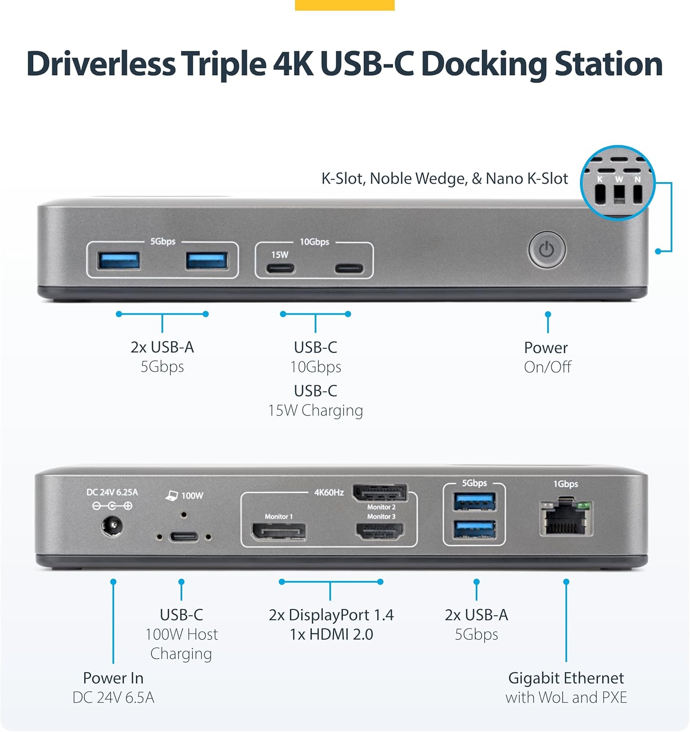 StarTech.com USB-C Docking Station Triple 4K 60Hz Displays, 100W Power Delivery, 6 USB Ports (10Gbps), Gigabit Ethernet, DisplayPort + HDMI, Driverless Windows Laptop Dock (199UE-USBC-DOCK