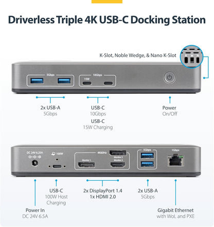 StarTech.com USB-C Docking Station Triple 4K 60Hz Displays, 100W Power Delivery, 6 USB Ports (10Gbps), Gigabit Ethernet, DisplayPort + HDMI, Driverless Windows Laptop Dock (199UE-USBC-DOCK