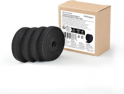 StarTech.com 4-pack 15ft (4.6m) Hook and Loop Roll, 0.5in Wide, Black, Cut-to-Size Reusable Cable Ties, Fastener Tape