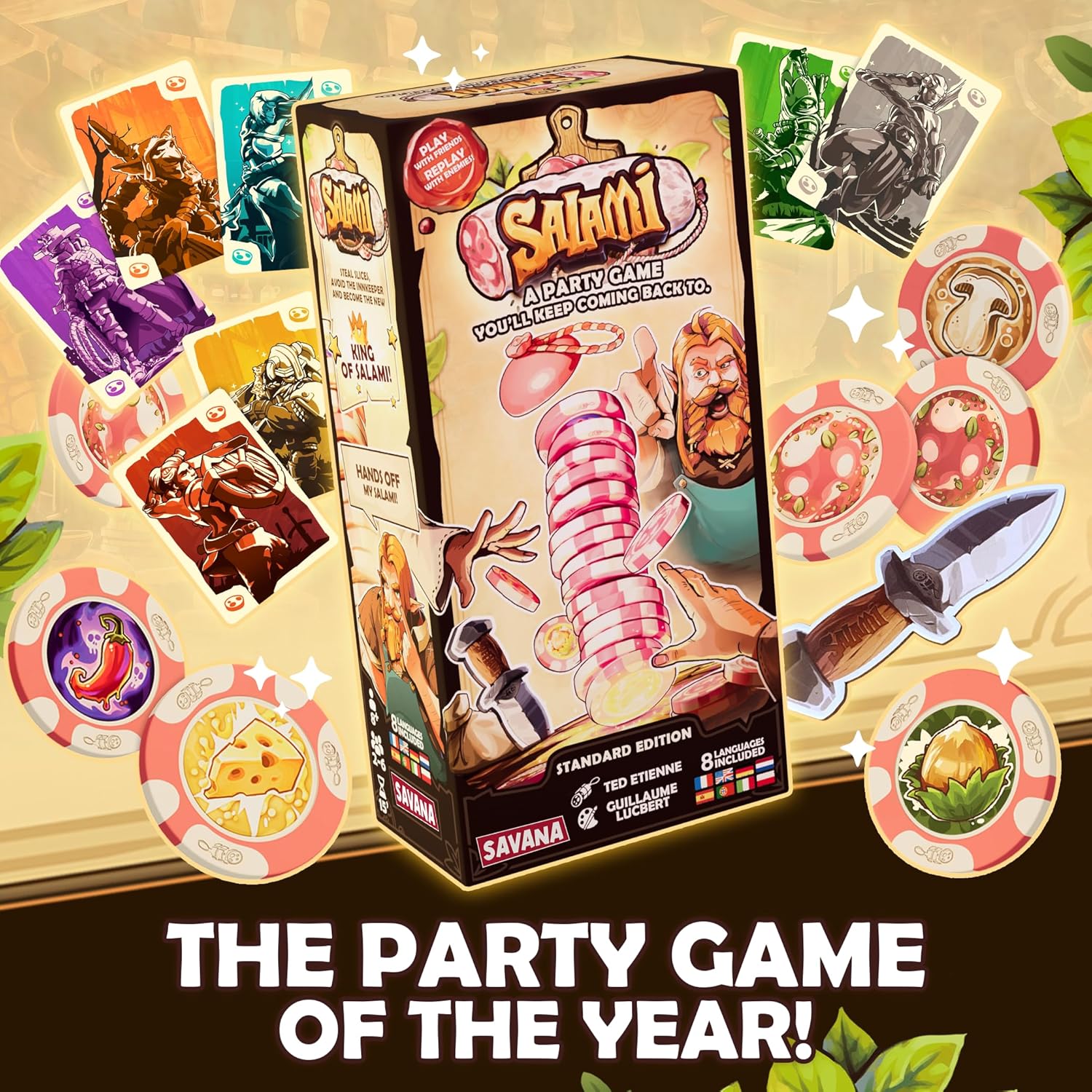 SAVANA Salami - Hilarious Bluff and Snack Party Game | Steal, Sizzle & Survive in The Tavern of Hook | 2–6 Players, Ages 8+, 15 Min Playtime | Family Game