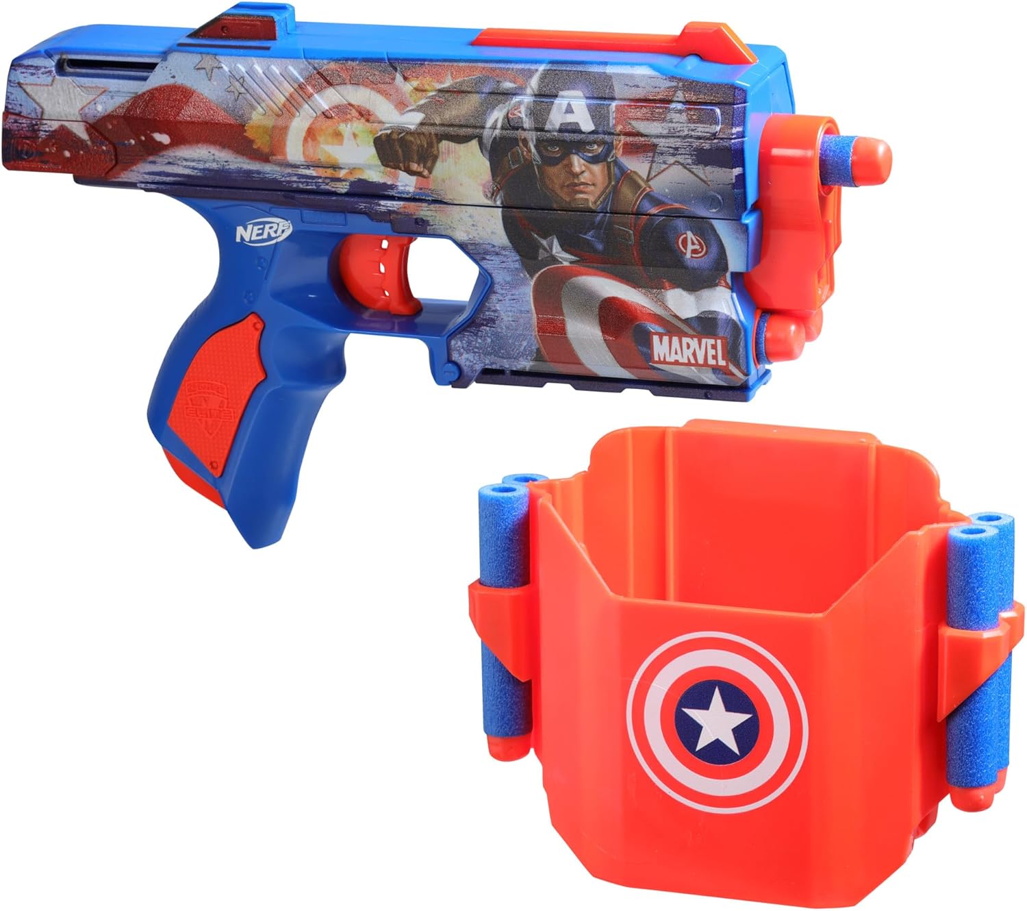 Nerf Marvel Captain America Dart Blaster, 10 Nerf Elite Darts, Holster