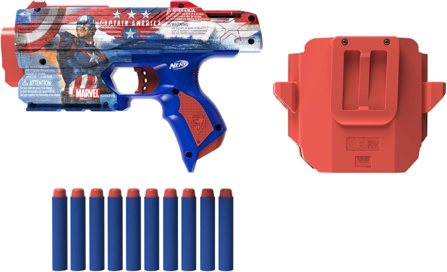 Nerf Marvel Captain America Dart Blaster, 10 Nerf Elite Darts, Holster