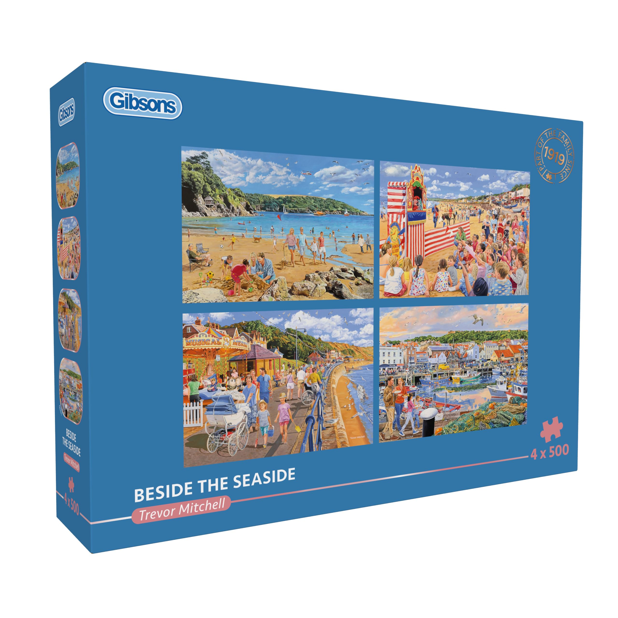 Gibsons Beside the Seaside 4 x 500 Piece Jigsaw Puzzle Set for Adults – Four Charming Summer Seaside Scenes by Trevor Mitchell – Family Beach Holiday Theme – Premium Multi‑Box Puzzle Collection