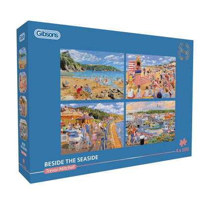 Gibsons Beside the Seaside 4 x 500 Piece Jigsaw Puzzle Set for Adults – Four Charming Summer Seaside Scenes by Trevor Mitchell – Family Beach Holiday Theme – Premium Multi‑Box Puzzle Collection
