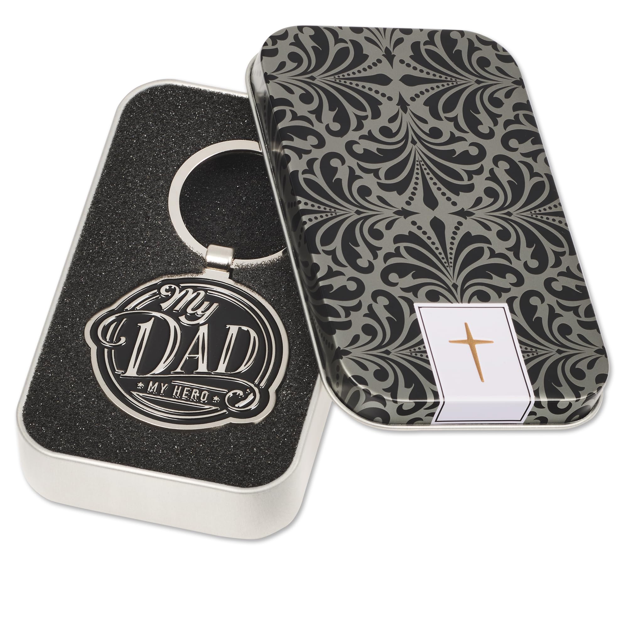 Christian Art Gifts Black Metal Keychain for Dad’s | My Dad My Hero Proverbs 14:26 | Inspirational Keychain for Fathers