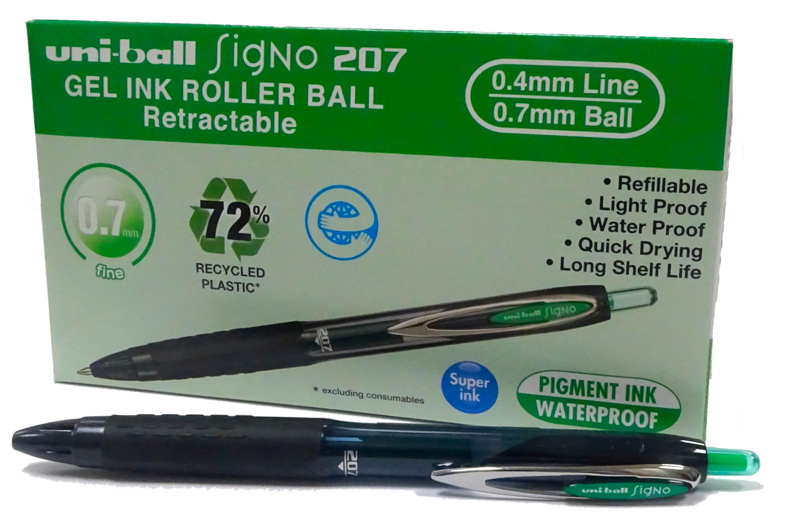 Uni-Ball Rollerball Gel Ink Signo UMN-207E Green 0.7mm Box 12 pcs