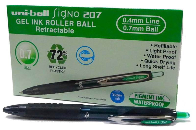 Uni-Ball Rollerball Gel Ink Signo UMN-207E Green 0.7mm Box 12 pcs