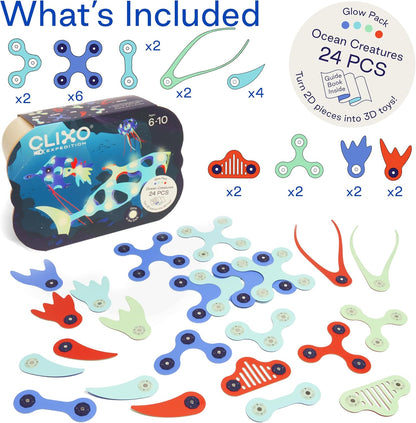 Clixo Oceaanwezenset, glow-in-the-dark magnetisch bouwspeelgoed, 24 flexibele magnetische onderdelen voor onderwaterverkenning en avontuur, fantasierijk STEM-speelgoed, cadeau voor