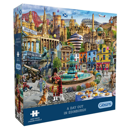 Gibsons A Day Out in Edinburgh 1000 Piece Jigsaw Puzzle for Adults - Iconic City Landmarks Artwork by Adrian Chesterman, Premium Sustainable Puzzle Made in the UK/EU - Great Gift