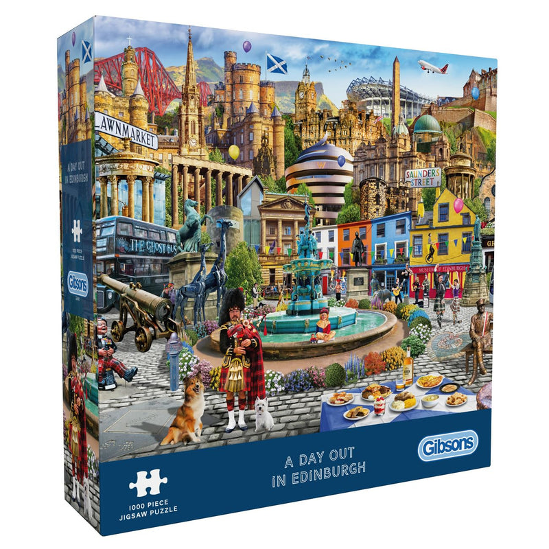 Gibsons A Day Out in Edinburgh 1000 Piece Jigsaw Puzzle for Adults - Iconic City Landmarks Artwork by Adrian Chesterman, Premium Sustainable Puzzle Made in the UK/EU - Great Gift