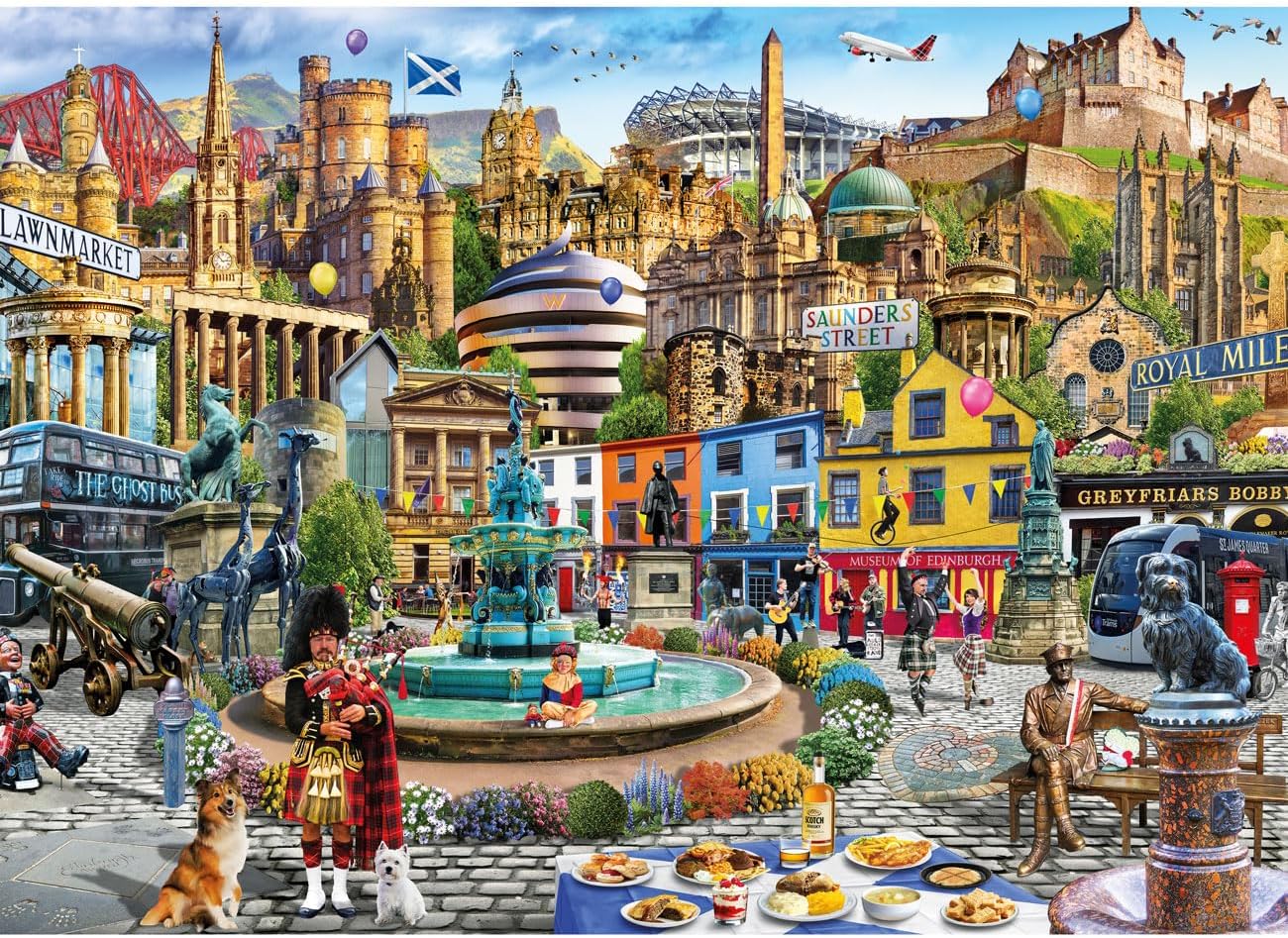 Gibsons A Day Out in Edinburgh 1000 Piece Jigsaw Puzzle for Adults - Iconic City Landmarks Artwork by Adrian Chesterman, Premium Sustainable Puzzle Made in the UK/EU - Great Gift