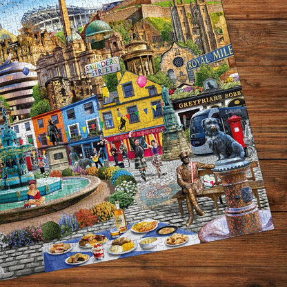 Gibsons A Day Out in Edinburgh 1000 Piece Jigsaw Puzzle for Adults - Iconic City Landmarks Artwork by Adrian Chesterman, Premium Sustainable Puzzle Made in the UK/EU - Great Gift