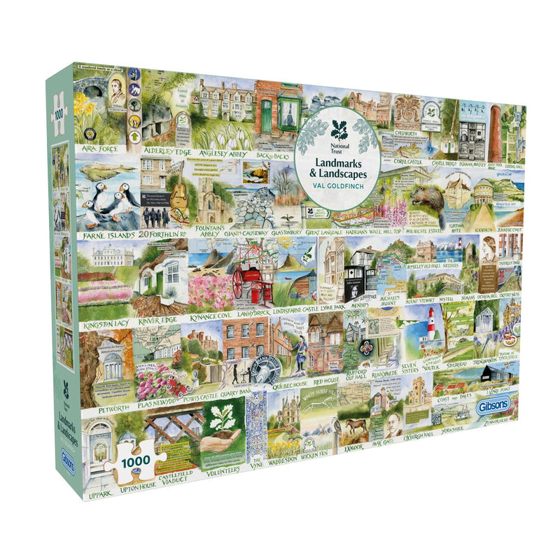 Gibsons National Trust Landmarks & Landscapes 1000 Piece Jigsaw Puzzle for Adults – Mix of British Landscapes, Landmarks & Nature Artwork by Val Goldfinch – Sustainably Made in the UK/EU – Great Gift