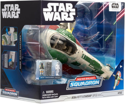 Jazwares Star Wars Micro Galaxy Squadron Boba Fetts Raumschiff (Ep 5) – 17,8 cm Fahrzeug mit Flight Display Stand und DREI 2,5 cm Mikrofiguren-Zubehör