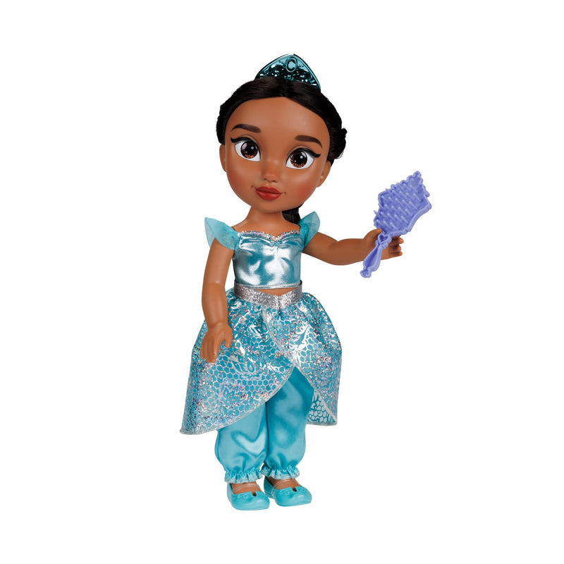 Disney Princess Jasmin Puppe 35cm, reflektierende Glitzeraugen, bewegliche Gelenke, ausziehbares Outfit, Schuhe, Krone, langes geflochtenes Haar, für Mädchen ab 3 Jahren