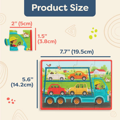 B. toys Wooden Set – 4 Car Carrier, Loader, Excavator, Dump Truck – 12-Piece Jigsaw for Kids – 3 Years + – Pack o' Puzzles-Trucks (Branford BX2205Z)