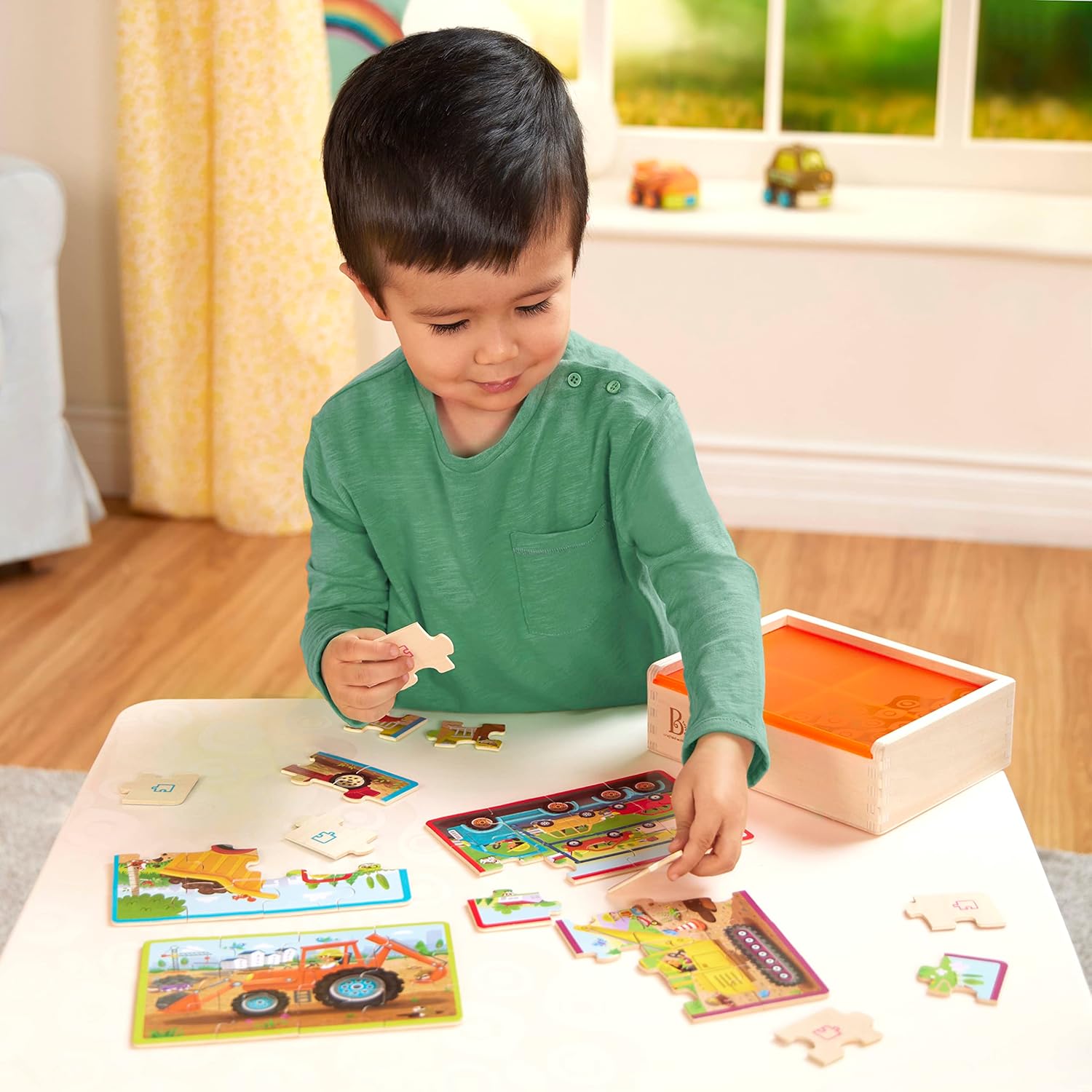 B. toys Wooden Set – 4 Car Carrier, Loader, Excavator, Dump Truck – 12-Piece Jigsaw for Kids – 3 Years + – Pack o' Puzzles-Trucks (Branford BX2205Z)