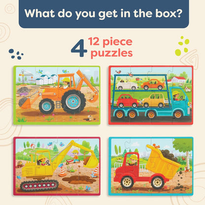 B. toys Wooden Set – 4 Car Carrier, Loader, Excavator, Dump Truck – 12-Piece Jigsaw for Kids – 3 Years + – Pack o' Puzzles-Trucks (Branford BX2205Z)