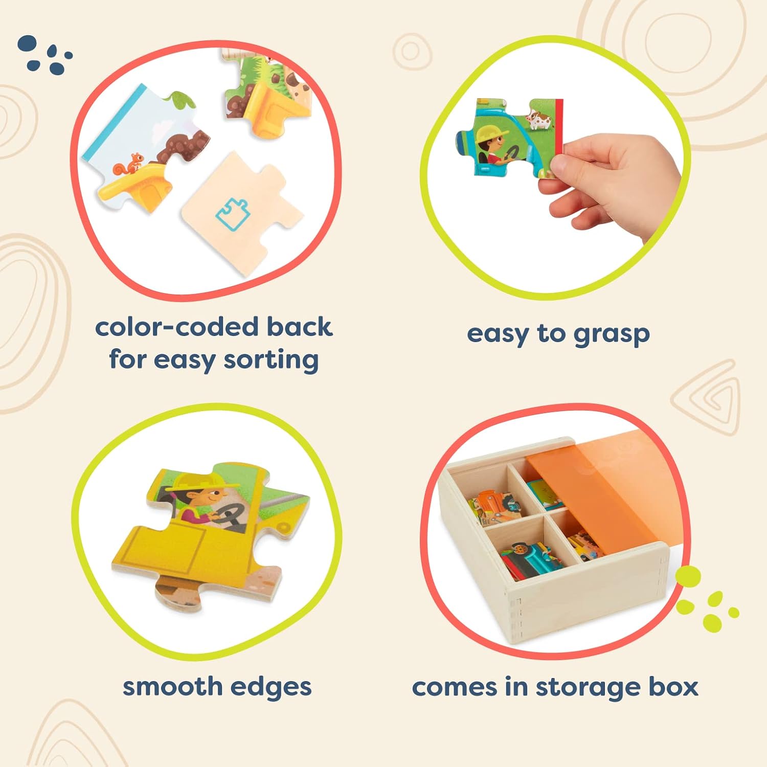 B. toys Wooden Set – 4 Car Carrier, Loader, Excavator, Dump Truck – 12-Piece Jigsaw for Kids – 3 Years + – Pack o' Puzzles-Trucks (Branford BX2205Z)