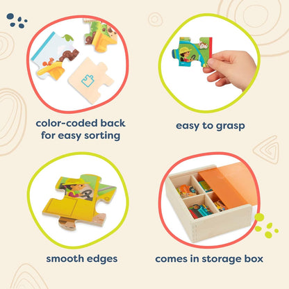 B. toys Wooden Set – 4 Car Carrier, Loader, Excavator, Dump Truck – 12-Piece Jigsaw for Kids – 3 Years + – Pack o' Puzzles-Trucks (Branford BX2205Z)