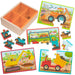 B. toys Wooden Set – 4 Car Carrier, Loader, Excavator, Dump Truck – 12-Piece Jigsaw for Kids – 3 Years + – Pack o' Puzzles-Trucks (Branford BX2205Z)