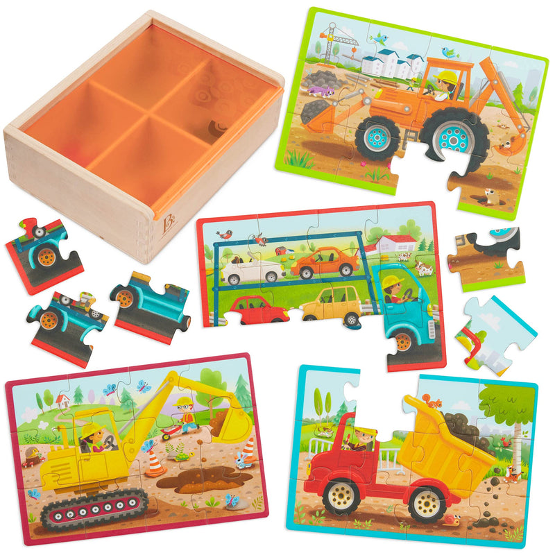 B. toys Wooden Set – 4 Car Carrier, Loader, Excavator, Dump Truck – 12-Piece Jigsaw for Kids – 3 Years + – Pack o' Puzzles-Trucks (Branford BX2205Z)