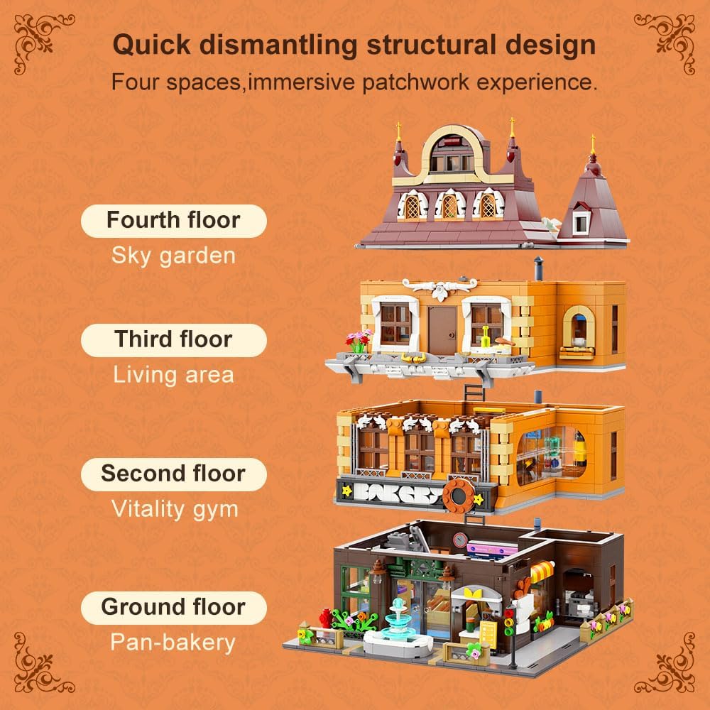 PAN TASY European Bakery Building Kit-Landmark Construction Set for Adults & Teens, Featuring a Bakery, Gym, Living Quarters, and Sky Garden