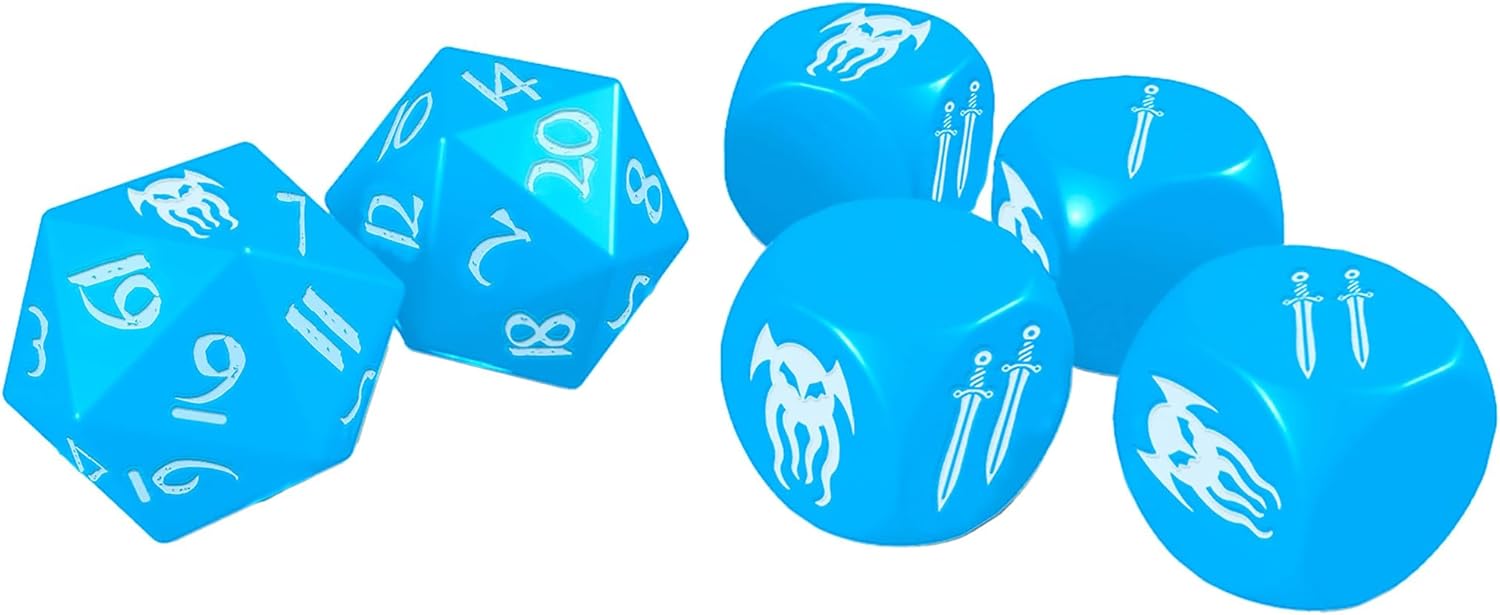 Modiphius Entertainment: Cohors Cthulhu RPG: Atlantean Crystal Dice Pack - 6 Piece Set, Blue & White, 2X d20, 4X d6, Hidden War Emblems, Accessory
