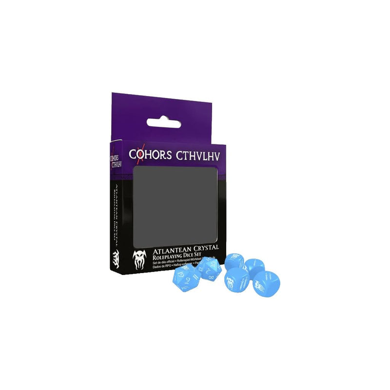 Modiphius Entertainment: Cohors Cthulhu RPG: Atlantean Crystal Dice Pack - 6 Piece Set, Blue & White, 2X d20, 4X d6, Hidden War Emblems, Accessory