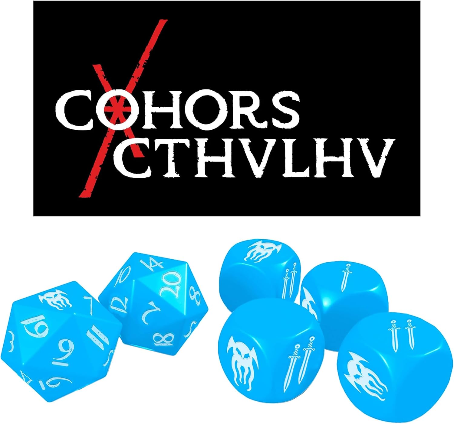 Modiphius Entertainment: Cohors Cthulhu RPG: Atlantean Crystal Dice Pack - 6 Piece Set, Blue & White, 2X d20, 4X d6, Hidden War Emblems, Accessory