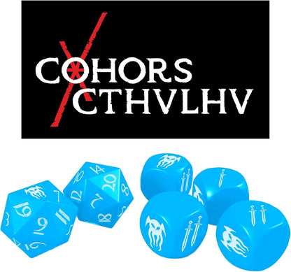Modiphius Entertainment: Cohors Cthulhu RPG: Atlantean Crystal Dice Pack - 6 Piece Set, Blue & White, 2X d20, 4X d6, Hidden War Emblems, Accessory