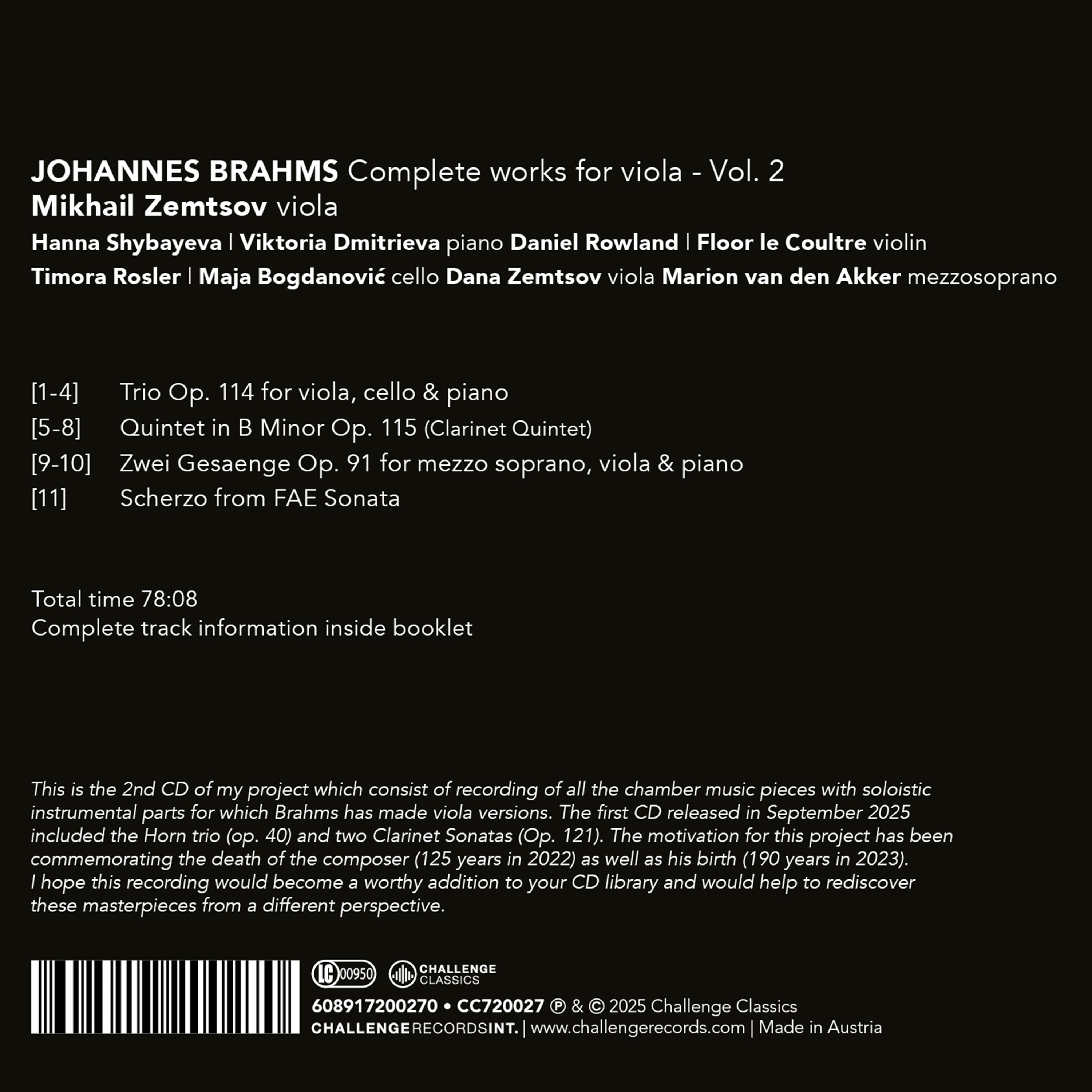 Johannes Brahms: Complete Works for Viola, Vol. 2
