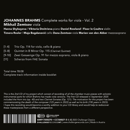 Johannes Brahms: Complete Works for Viola, Vol. 2