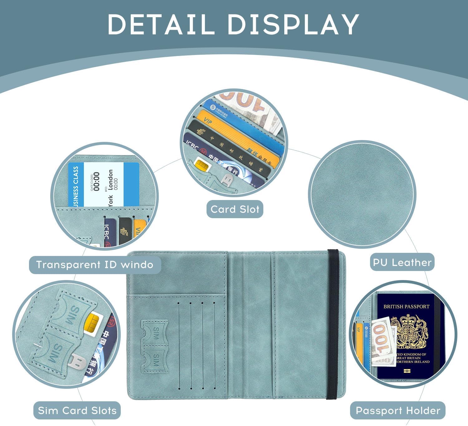 Passport Holder Dual Fold PU Leather Passport Holder with Card Slot and Boarding Pass Holder for Men and Women, cyan, Pack Of 2, Classic