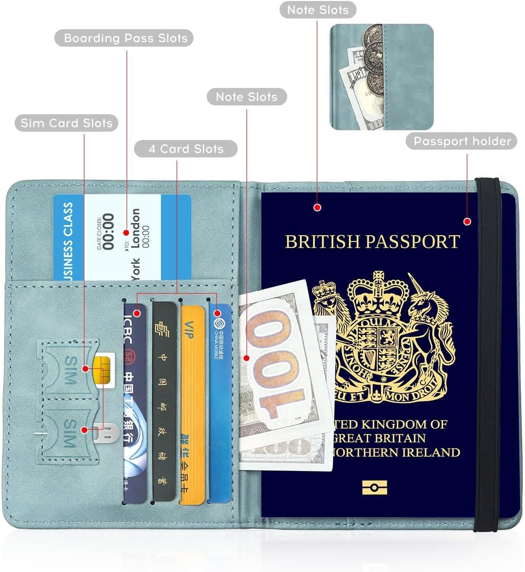 Passport Holder Dual Fold PU Leather Passport Holder with Card Slot and Boarding Pass Holder for Men and Women, cyan, Pack Of 2, Classic