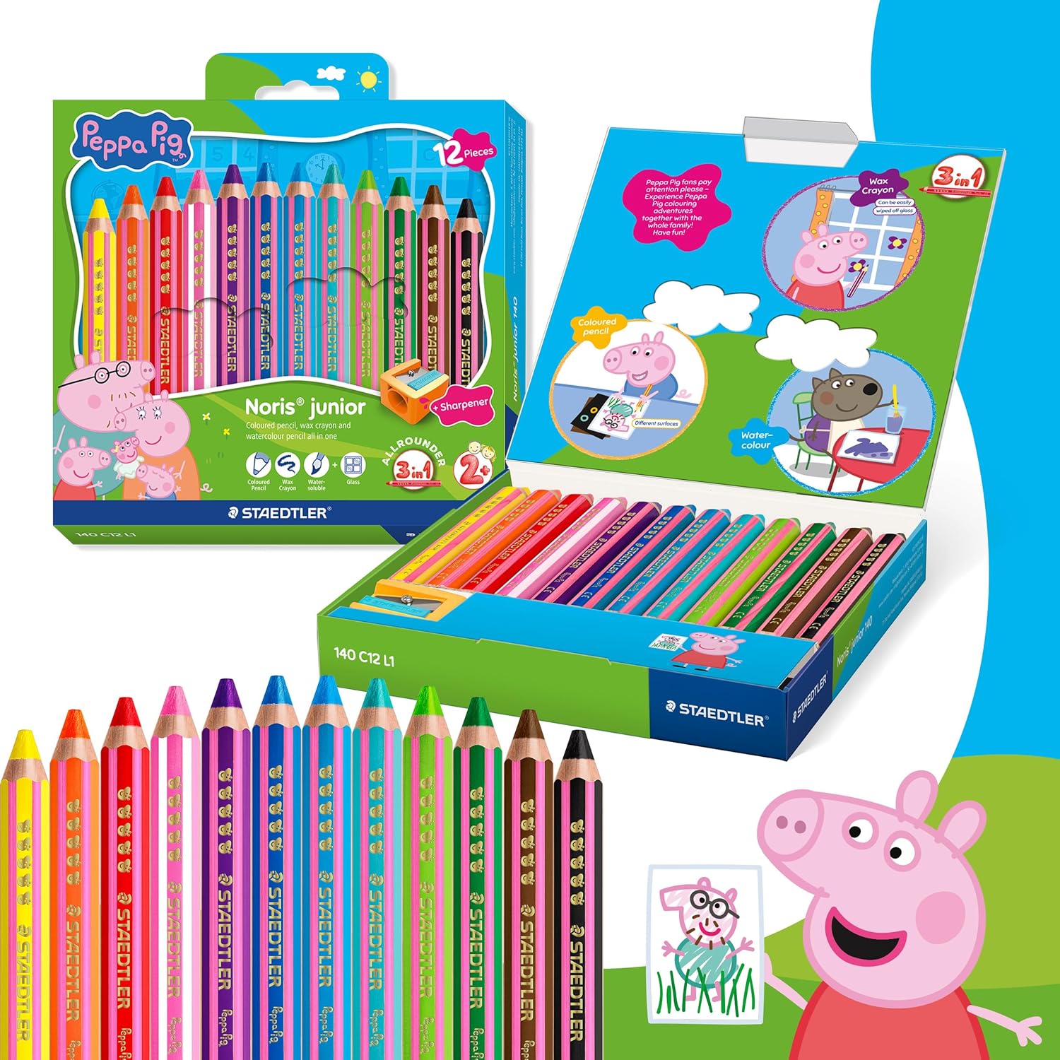 STAEDTLER Noris junior kleurpotloden Peppa Pig set van 12 – 3-in-1 waskrijt aquarelpotloden voor verschillende oppervlakken – extra zachte kleurkern voor intense kleuren – ergonomische kinderpotloden