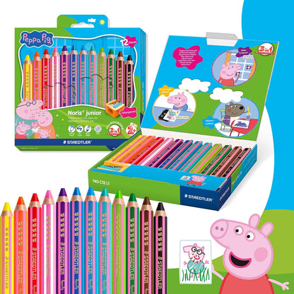 STAEDTLER Noris junior kleurpotloden Peppa Pig set van 12 – 3-in-1 waskrijt aquarelpotloden voor verschillende oppervlakken – extra zachte kleurkern voor intense kleuren – ergonomische kinderpotloden