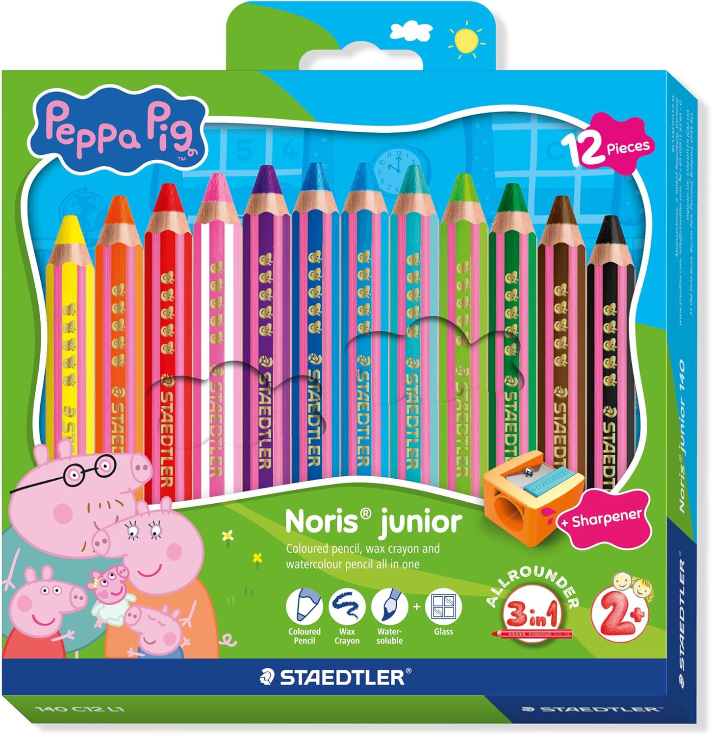 STAEDTLER Noris junior kleurpotloden Peppa Pig set van 12 – 3-in-1 waskrijt aquarelpotloden voor verschillende oppervlakken – extra zachte kleurkern voor intense kleuren – ergonomische kinderpotloden