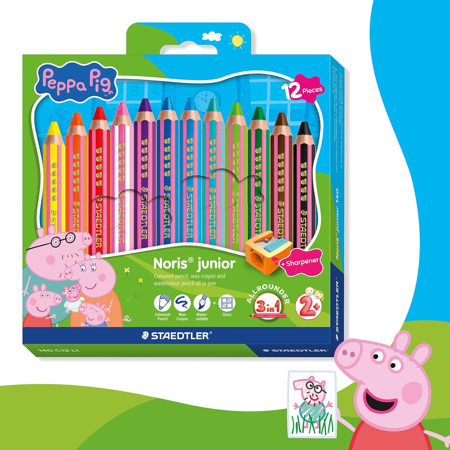 STAEDTLER Noris junior kleurpotloden Peppa Pig set van 12 – 3-in-1 waskrijt aquarelpotloden voor verschillende oppervlakken – extra zachte kleurkern voor intense kleuren – ergonomische kinderpotloden