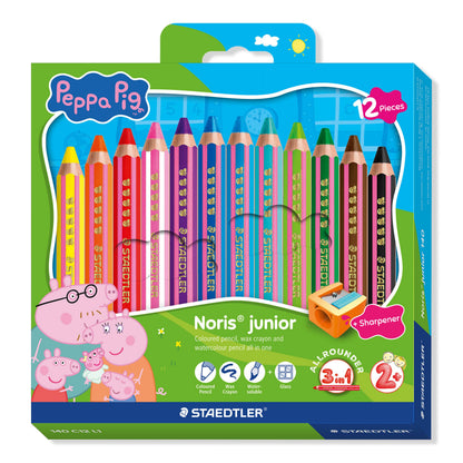 STAEDTLER Noris junior kleurpotloden Peppa Pig set van 12 – 3-in-1 waskrijt aquarelpotloden voor verschillende oppervlakken – extra zachte kleurkern voor intense kleuren – ergonomische kinderpotloden