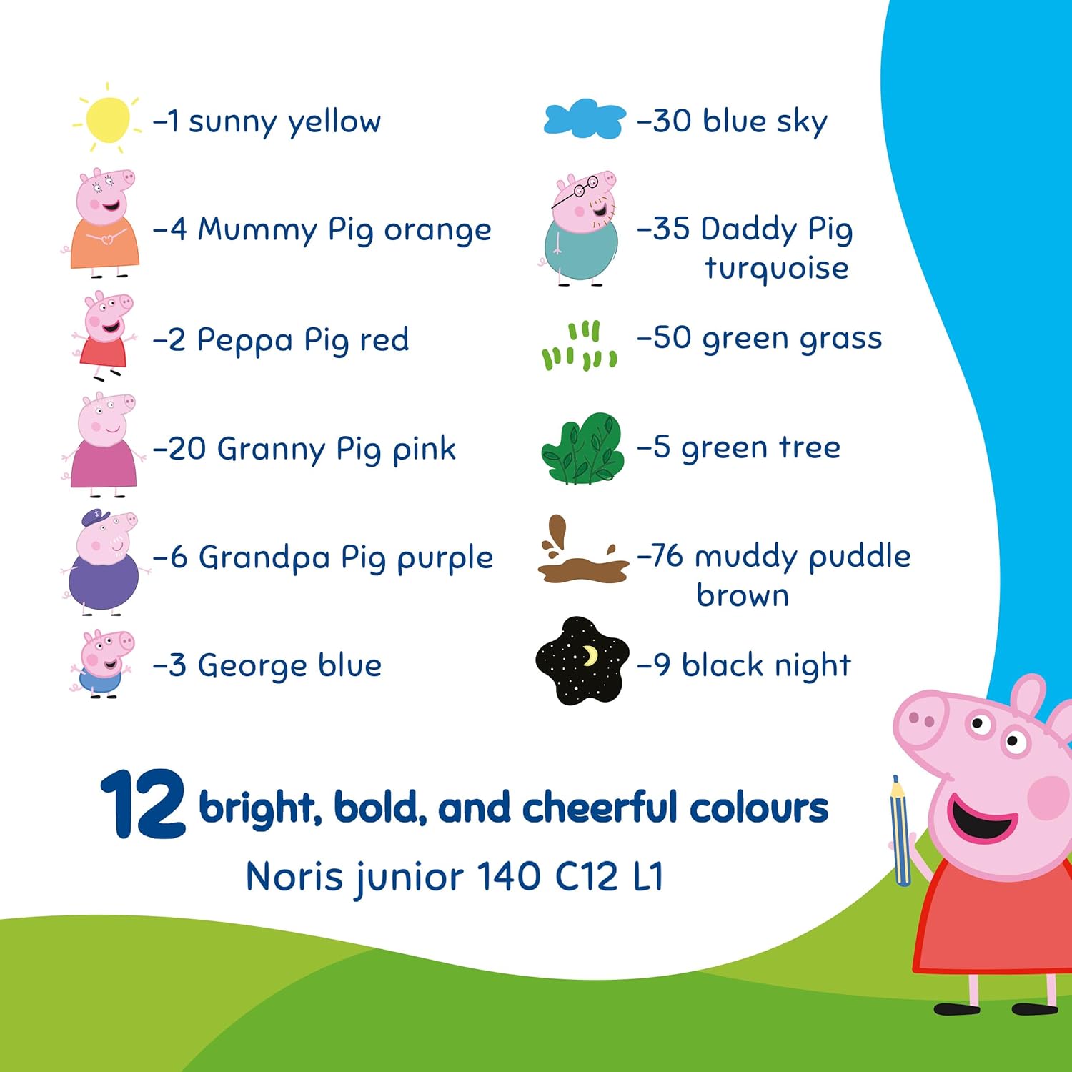 STAEDTLER Noris junior kleurpotloden Peppa Pig set van 12 – 3-in-1 waskrijt aquarelpotloden voor verschillende oppervlakken – extra zachte kleurkern voor intense kleuren – ergonomische kinderpotloden