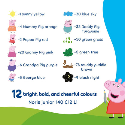 STAEDTLER Noris junior kleurpotloden Peppa Pig set van 12 – 3-in-1 waskrijt aquarelpotloden voor verschillende oppervlakken – extra zachte kleurkern voor intense kleuren – ergonomische kinderpotloden