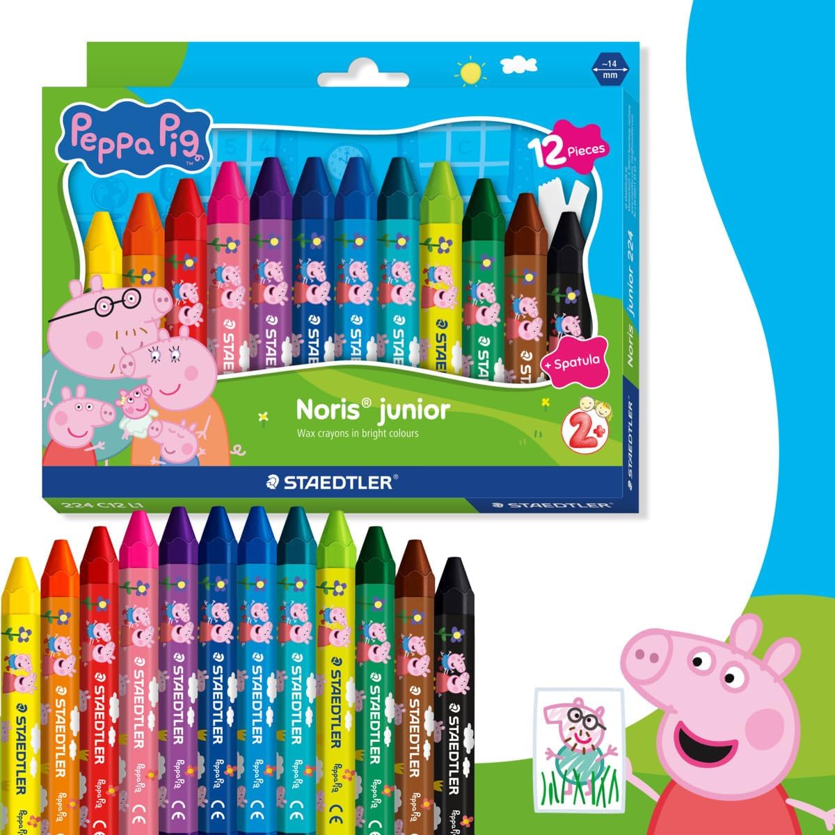 STAEDTLER Peppa Pig x Noris Junior Jumbo Wax Crayons for Large-Area Colouring - 12 Assorted Colours - for Kids Aged 2+ Years - Pack of 12, 224 C12 L1