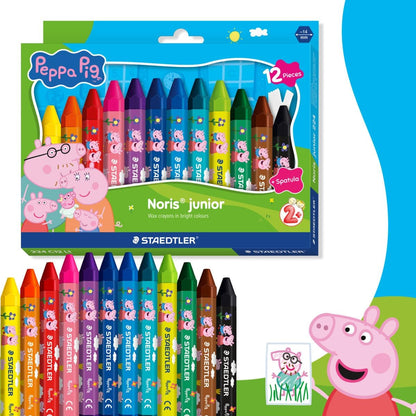 STAEDTLER Peppa Pig x Noris Junior Jumbo Wax Crayons for Large-Area Colouring - 12 Assorted Colours - for Kids Aged 2+ Years - Pack of 12, 224 C12 L1