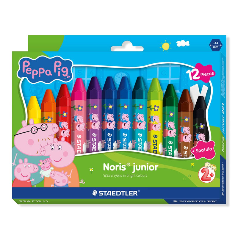 STAEDTLER Peppa Pig x Noris Junior Jumbo Wax Crayons for Large-Area Colouring - 12 Assorted Colours - for Kids Aged 2+ Years - Pack of 12, 224 C12 L1